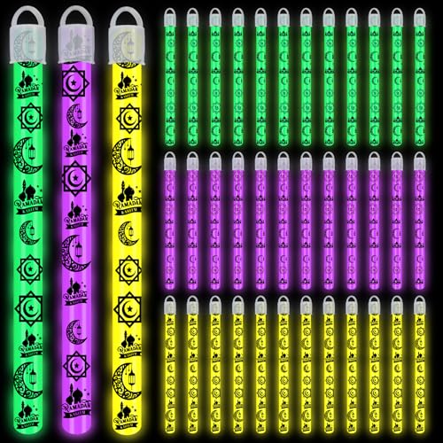 Libima 36 Set 8 Inch Ramadan Kareem Glow Sticks Necklaces with Cap and Lanyard Eid Mubarak Decor Glow Sticks Hanging Wands for Muslim Goodie Bag Stuffer Eid Al Fitr Party Favor