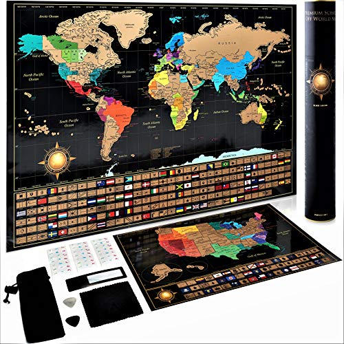Scratch Off World Map Poster + Deluxe United States Map –Includes Complete Accessories Set & All Country Flags – Premium Wall Art Gift for Travelers