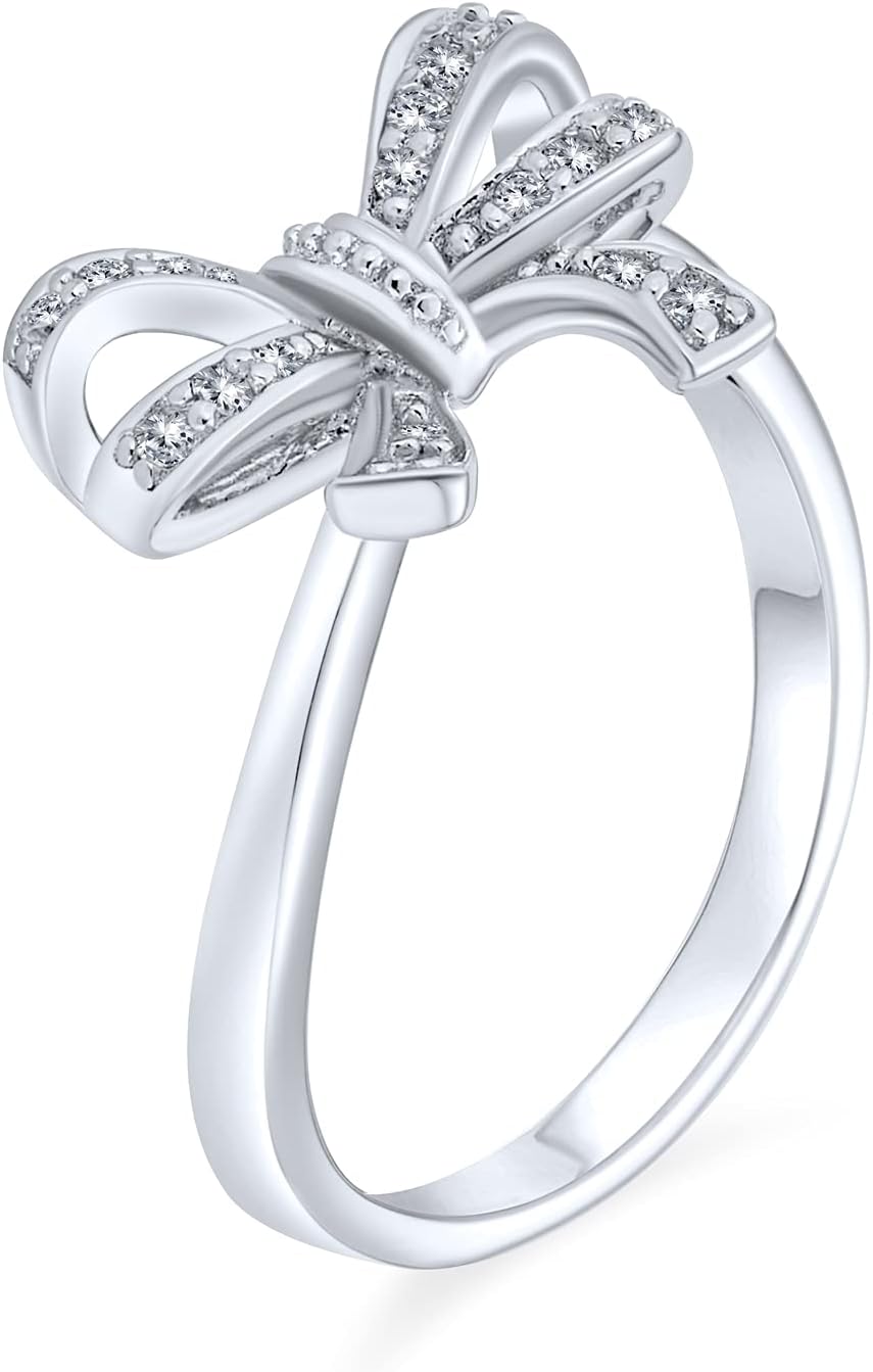 Personalize Romantic Holiday Party Bridal Cubic Zirconia Pave CZ Vintage Victorian Style Ribbon Band Bow Ring for Women Teen .925 Sterling Silver Customizable Jewelry - Image 2