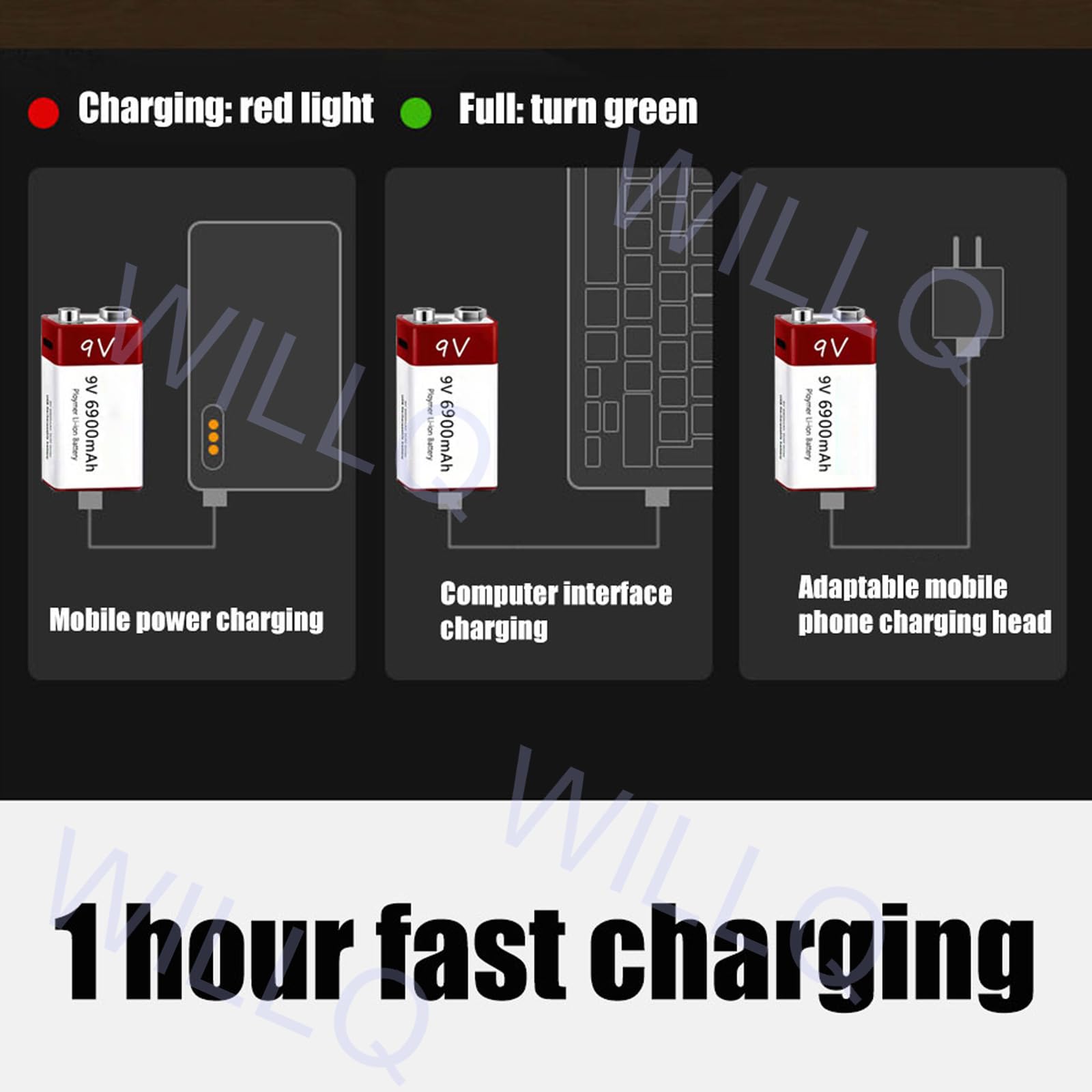 Pack Piles au Lithium Rechargeables 9V Batterie Li-ION 6900mAh 9V avec câble Chargement USB pour Guitare électrique/Microphone/détecteur fumée/détecteur et Plus Encore