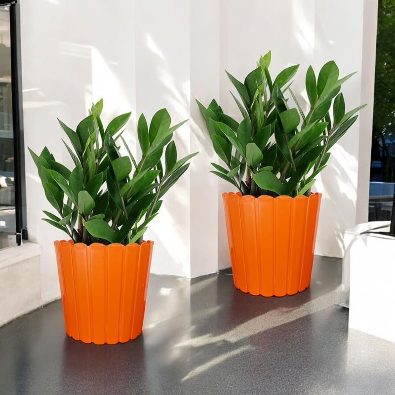 Image of GARDENS NEED 12 Inches Thai Round Flower Pot | Set of 2 | Orange | Plastic Planter Pots for Indoor & Outdoor Home, Office & Balcony Decoration