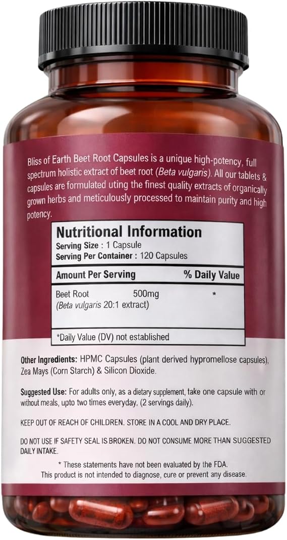 Bliss of Earth Beetroot Capsules |10000mg (20:1) High Potency Extract | 120 Veg Capsules | Rich in Antioxidants | Supports Energy, Digestion & Overall Wellness | Plant Based Supplement