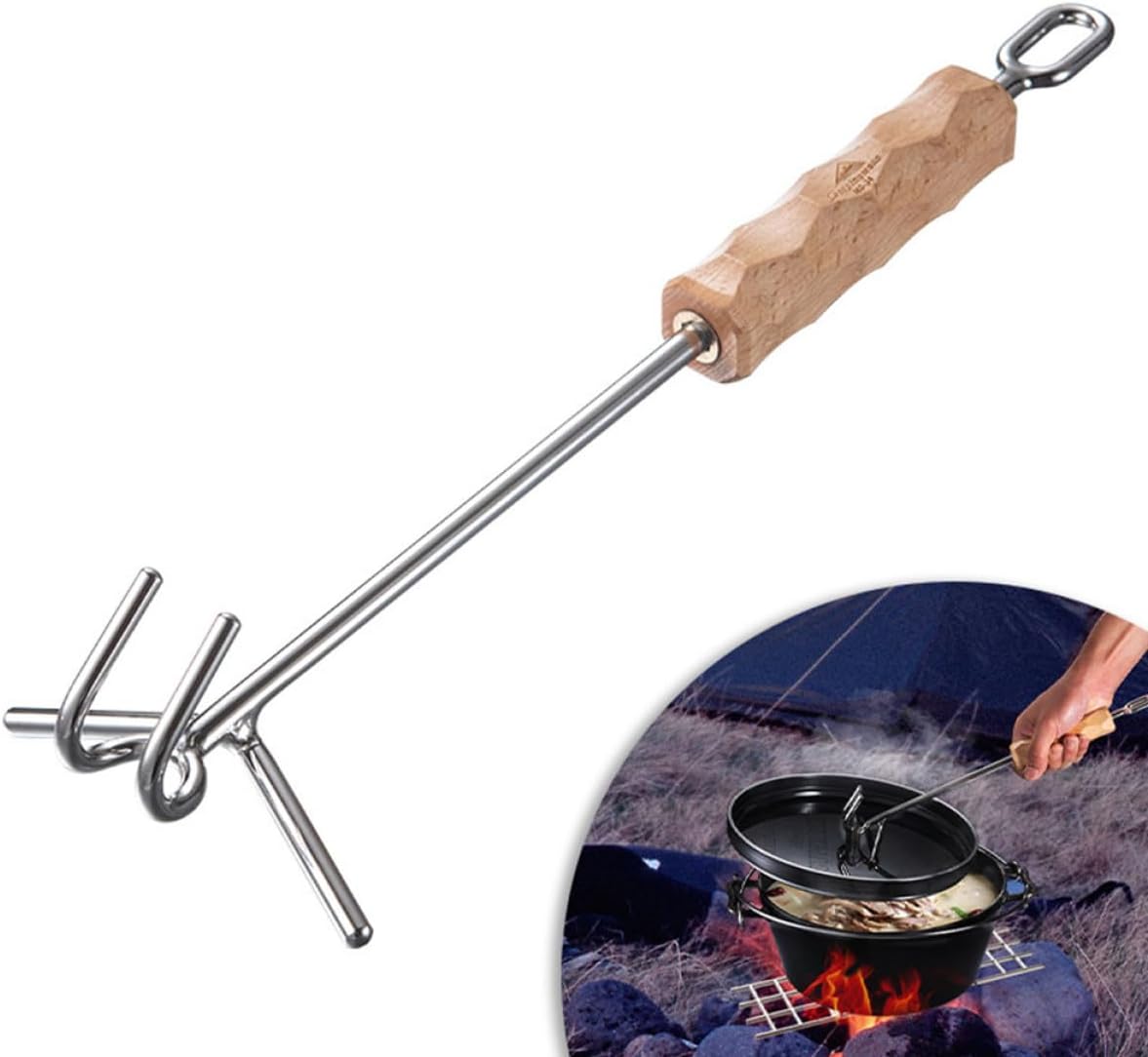 Healifty Outdoor Pot Lid Lifter with Double Hooks Stainless Steel Camping Cooking Utensil Long Handle Oven Lid Lifter for Hiking and Picnic