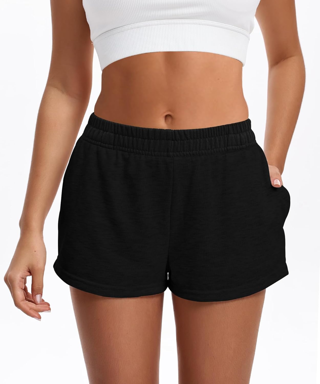 Womens Sweat Shorts Casual Comfy Summer Elastic High Waist Cotton Lounge Shorts with Pockets - Image 2
