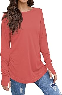 Camiseta de Mujer con Dobladillo Largo, Cuello Redondo, Manga Larga, Blusa Informal de Moda, Corte Entallado, Elegante y cómoda.