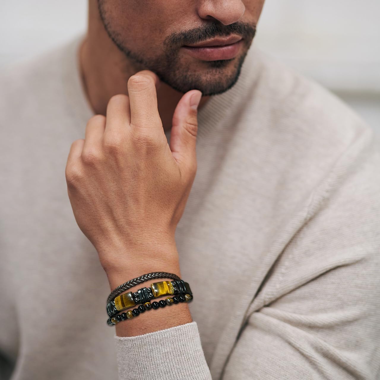 Mens Tiger Eye Leather Bracelet, Natural Tiger Eye Stone Beads Multi-Layer Braided Cuff Bracelets for Men, Stainless Steel with Buckle Memorial Bangle Gifts for Him - Image 3