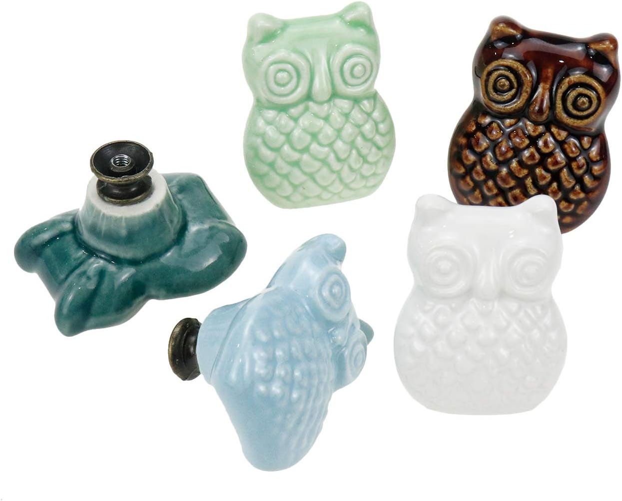 LC LICTOP Owl Shape Cabinet Knobs, Ceramic Knobs Door Pull Knob Round Ceramic Drawer Cupboard Kitchen Dresser Kids Child Pulls Wardrobe Handles, 5 Colors, 10Pcs