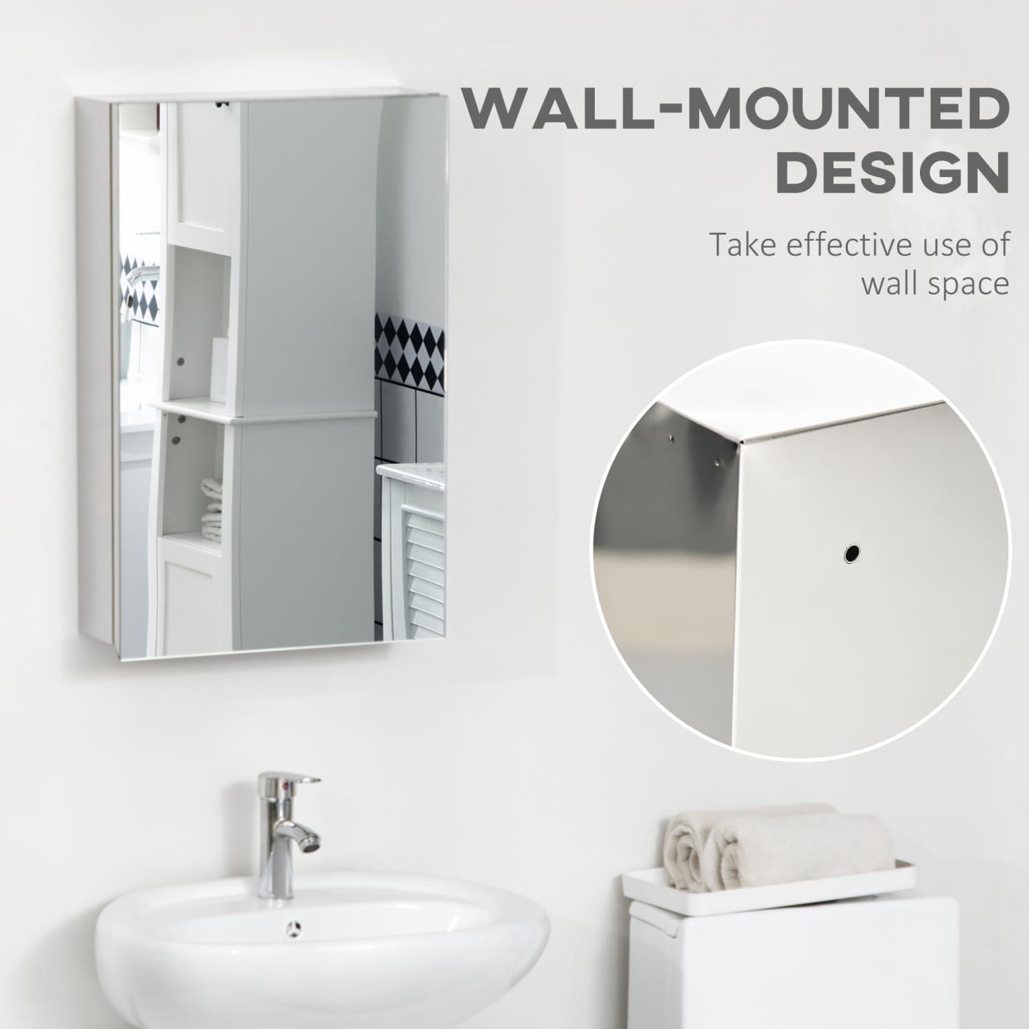 Wall-Mounted Cabinet with Mirror, Bathroom Mirror Wall Mounted Hinged Door, Storage Shelves for Living Room and Laundry Room, 15" X 24", Silver