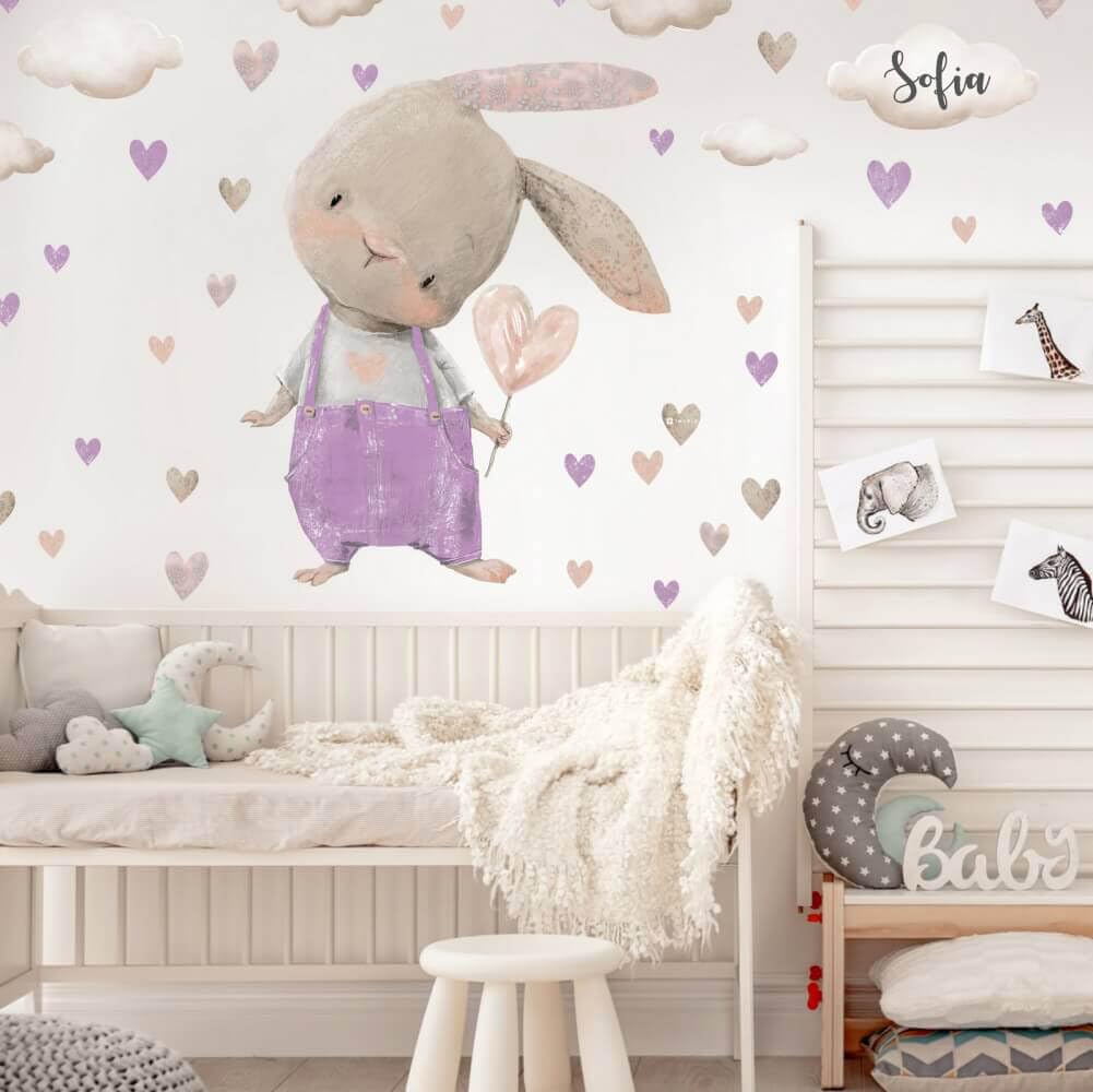 Inspio Sticker Coniglietto con cuore. XXL adesivo da parete . Sticker personalizzato aggiuntivo con il nome. 63 colori tra cui scegliere. Adesivi ad acquerello fatti in pellicola tessile.