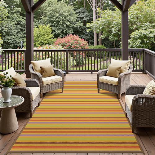 Image of GENIMO Outdoor Rug, Waterproof Plastic Rugs for Patio, 6'x9' Rainbow | Outside Larger Modern Carpet Mat for Porch Decor, Deck, Balcony, Camping, RV, Backyard, Picnic, Beach, Reversible, Foldable