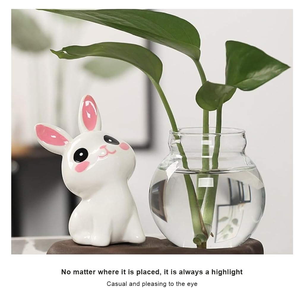 HASTHIP® Hydroponics Glass Planter, Mini Glass Hydroponics Pot Ornament, Art Cute Bunny Desk Ornament with Base, Air Planter Bulb Vase for Shelf, Office 3