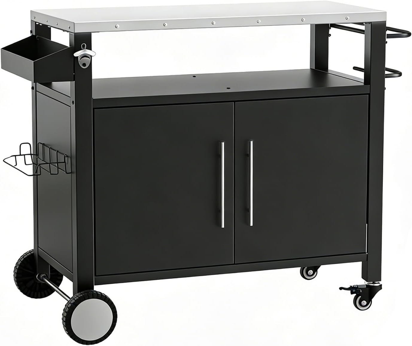 Outdoor Grill Cart Table with Wheels, Outdoor Kitchen Island Cart with Stainless Steel Top, Movable Grill Cart with Storage Cabinet, Double Doors, Hooks & Spice Rack, BBQ Prep Station, Medium (medium)