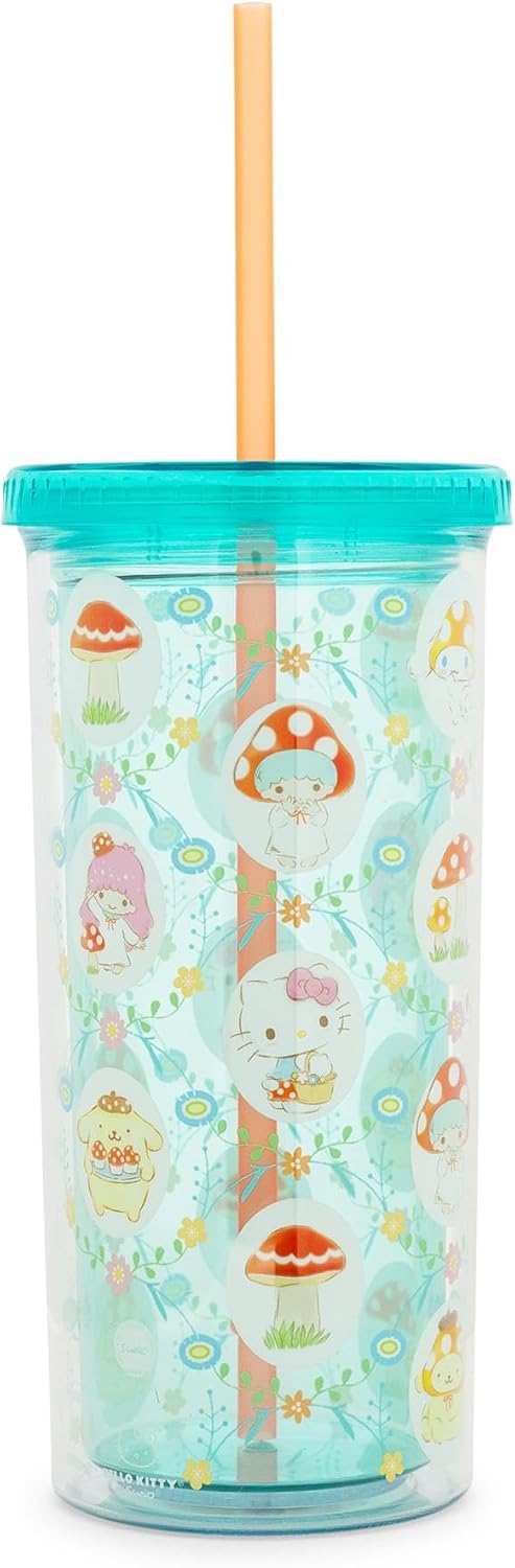 Silver Buffalo Sanrio Hello Kitty and Friends Mushroom Crew Plastic Carnival Cup With Spill-Resistant Lid and Reusable Straw | Holds 20 Ounces