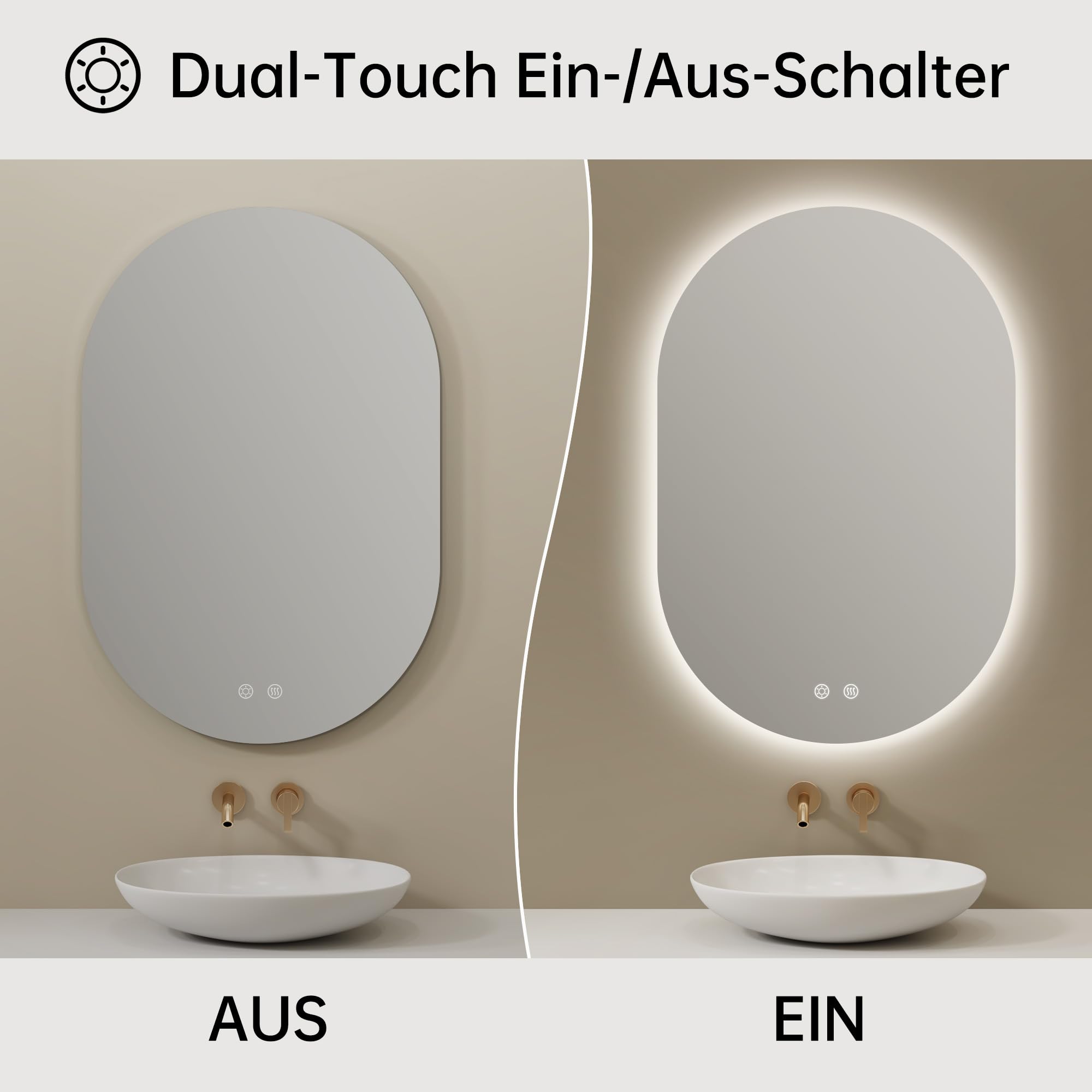 50x75cm LED Badspiegel mit Beleuchtung Oval | Badezimmerspiegel mit Beleuchtung,Beschlagfrei,Touch-Schalter, Dimmbar,3 Lichtfarbe Einstellbare, Bruchsicher