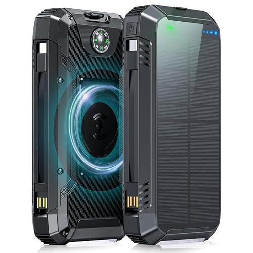 42800mAh Solar Power Bank Fast Charging 22.5W Portable Charger PowerBank with Built in Cable Solar Charger USB C Input & Output, Wireless Battery Pack with Flashlight for Smartphones Tablets