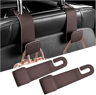 2PCS Car Seat Headrest Hook, Multifunctional Leather Seat Back Purse Bag Hanger Organizer, Auto Interior Backseat Storage Hook Holder for Hat Coat Umbrella, Universal for Vehicles (Brown)