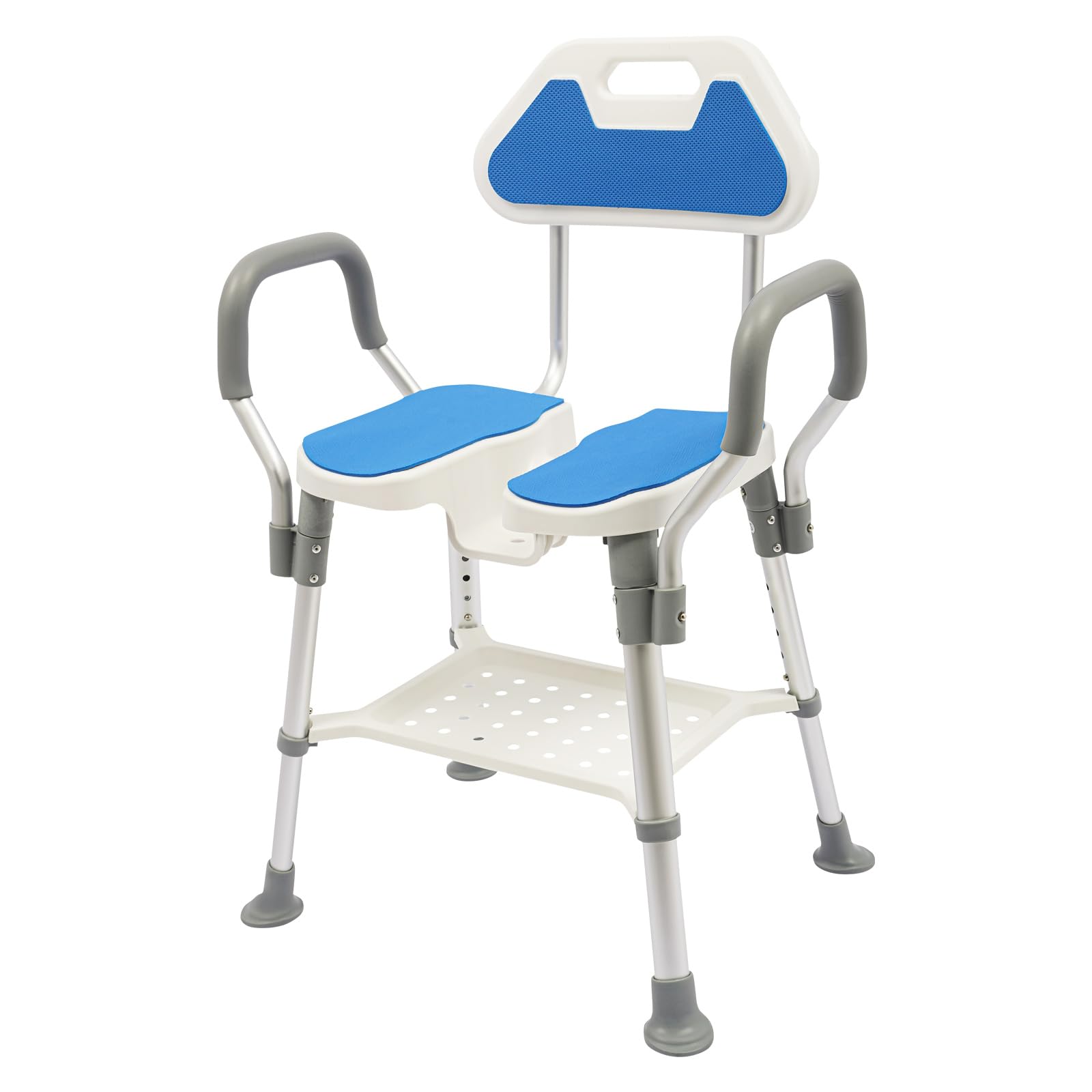 Taburete de ducha con respaldo, 5 niveles de altura regulable 38-48 cm, silla de baño con capacidad de carga de 150 kg, asiento de ducha con reposabrazos, asiento de ducha antideslizante