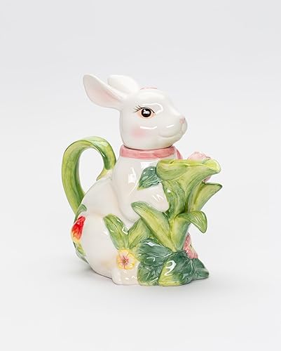 Miniatura 7 de 10445 Tetera de conejo primaveral de cerámica fina con tulipán rosa y flores, 7-5/8" L