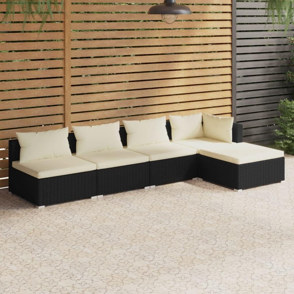 vidaXL Patio Lounge Set 5 Piece with Cushions Garden Outdoor Lawn Yard Terrace Balcony Seat Seating Lounge Sofa Chair Furniture Poly Rattan Black
