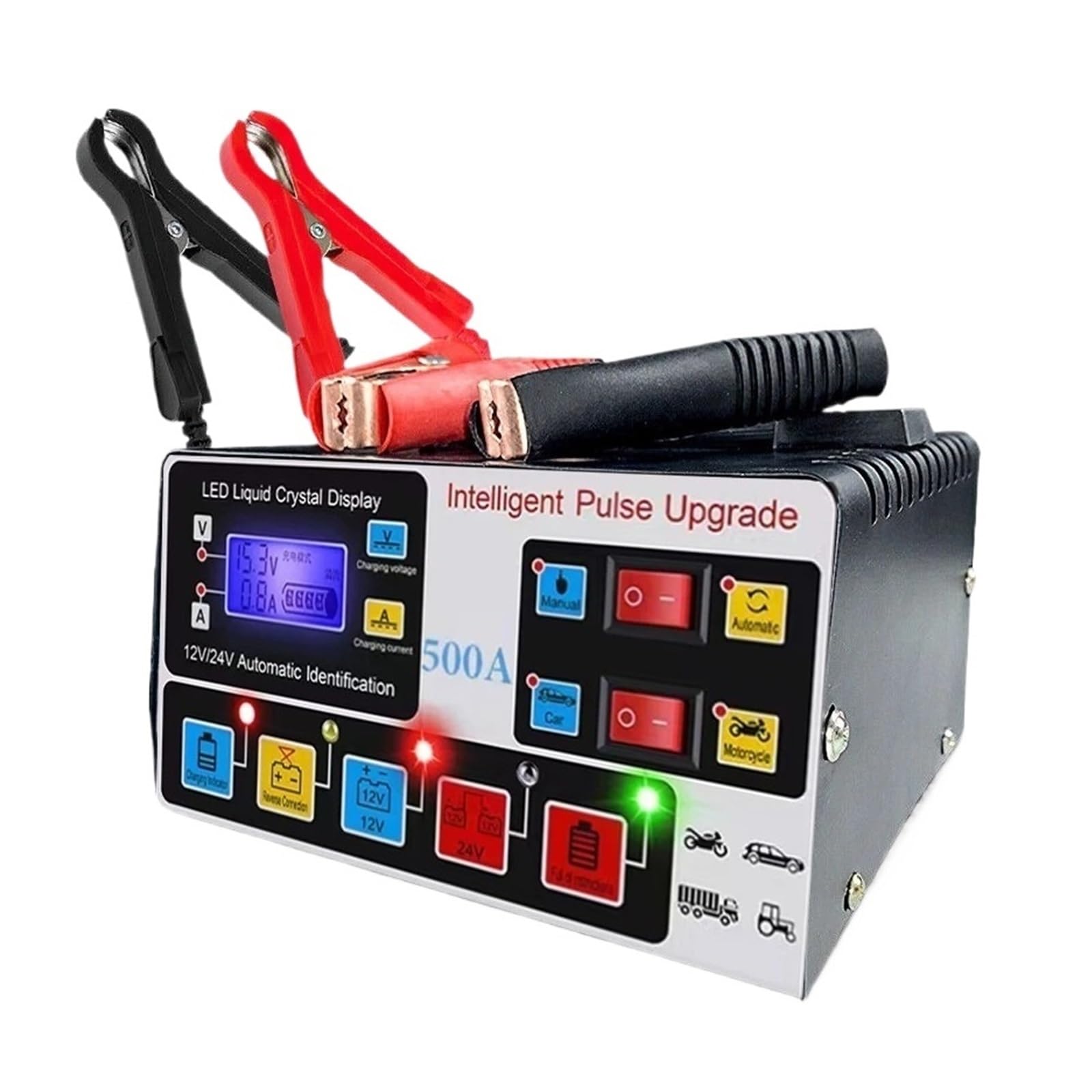 W Pełni Automatyczna Ładowarka Samochodowa O Dużej Mocy 500A Wyświetlacz LCD 12 V/24 V Do Naprawy Impulsów Motocyklowych Suv Wydajne Szybkie ładowanie