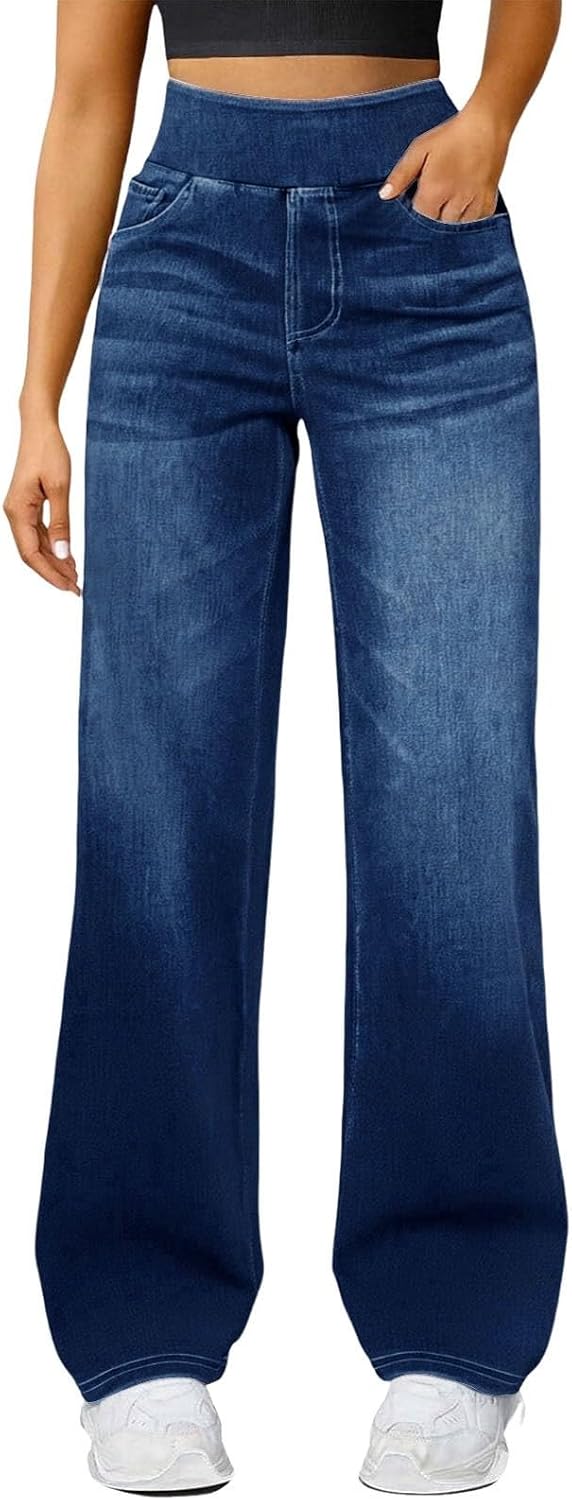 Jeans Damen High Waist Weites Bein – Stretchjeans Damen Mit Gummibund Schlupfjeans Weites Bein Jeanshose Mom Denimhose Baggy Y2K Straight-Hosen Oversized Locker Freizithose Hüftjeans
