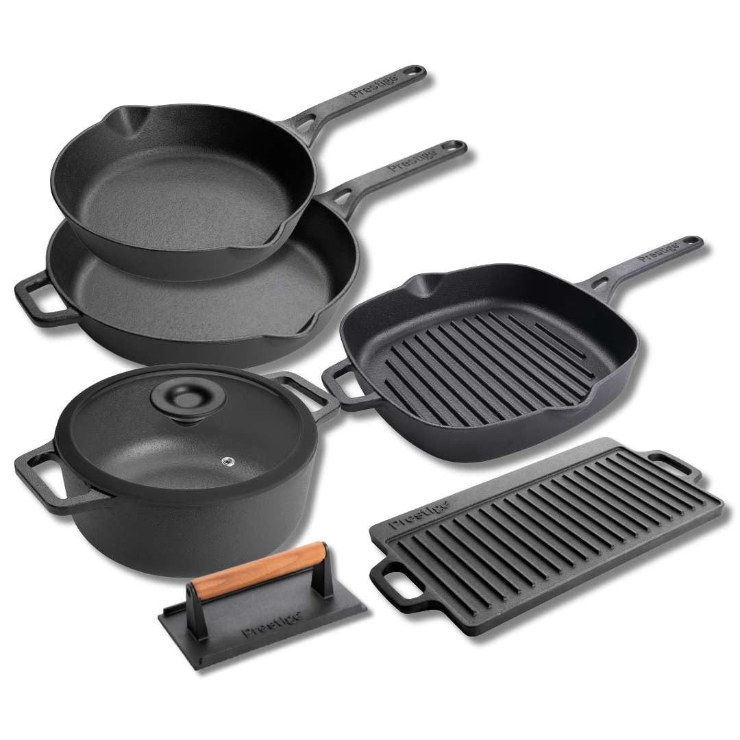 Batterie de cuisine induction fonte avec poêle moyenne et presse hamburger