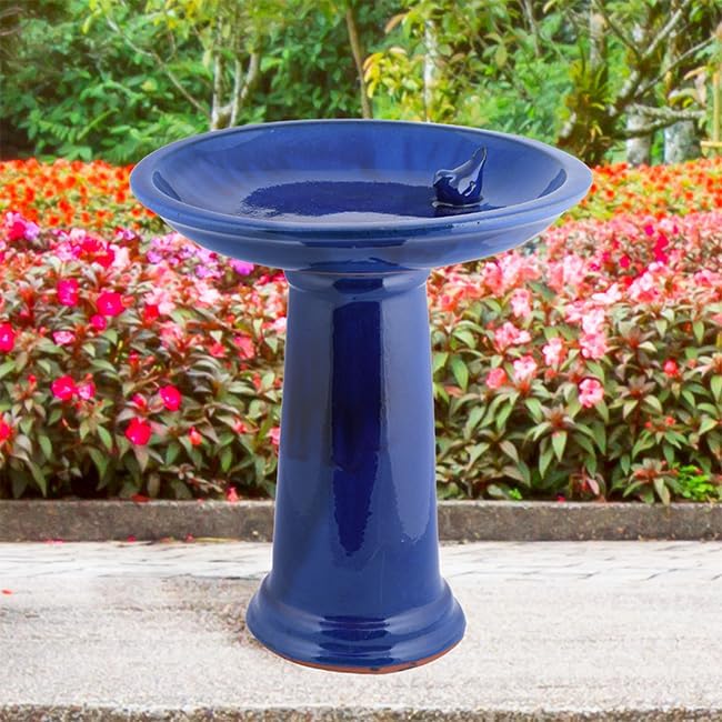Esschert Design Ceramic Bird Bath and Pedestal, Cobalt Blue