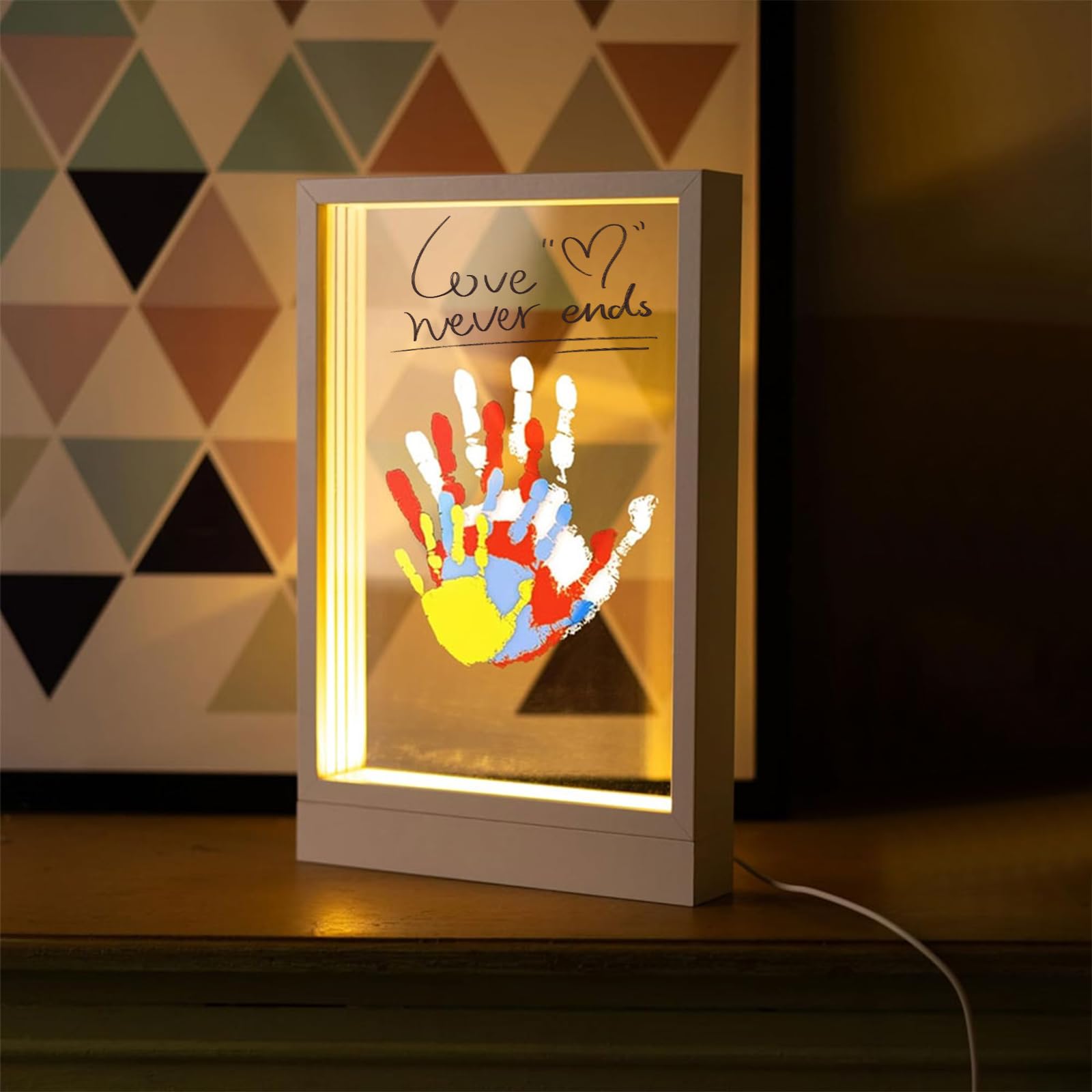 SciFiVisi Familien Handabdruck Set mit LED Nachtleuchte Fußabdruck Baby Set und für die Ganze Familie mit 4 PS-Platten,handabdruck set für paare, Holzrahmen Zum Basteln für Geschenk (Weiß)