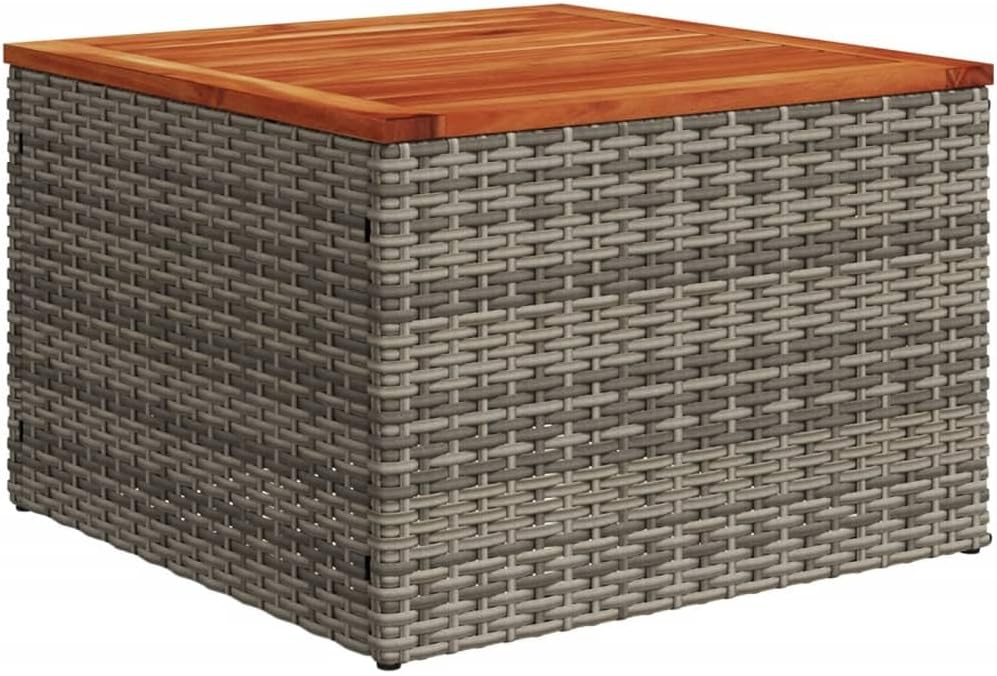 Grey Poly Rattan Garden Coffee Table with Acacia Wood Surface and Powder-Coated Steel Frame 21.7 Inch Square Patio Outdoor Side Table for Balcony, Garden, Casual Dining