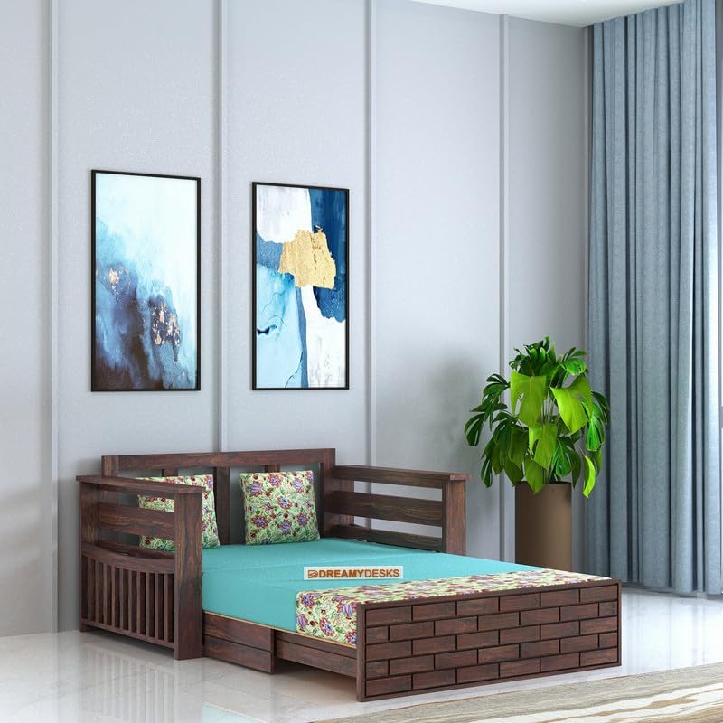 Sheesham Wooden Sofa Cum Bed for Living Room with Side Storage – 2 Seater Sofa Cum Bed with Storage – 2 Person Sofa Cum Bed Wooden with Cushion Seating (Walnut, 2 Seater)