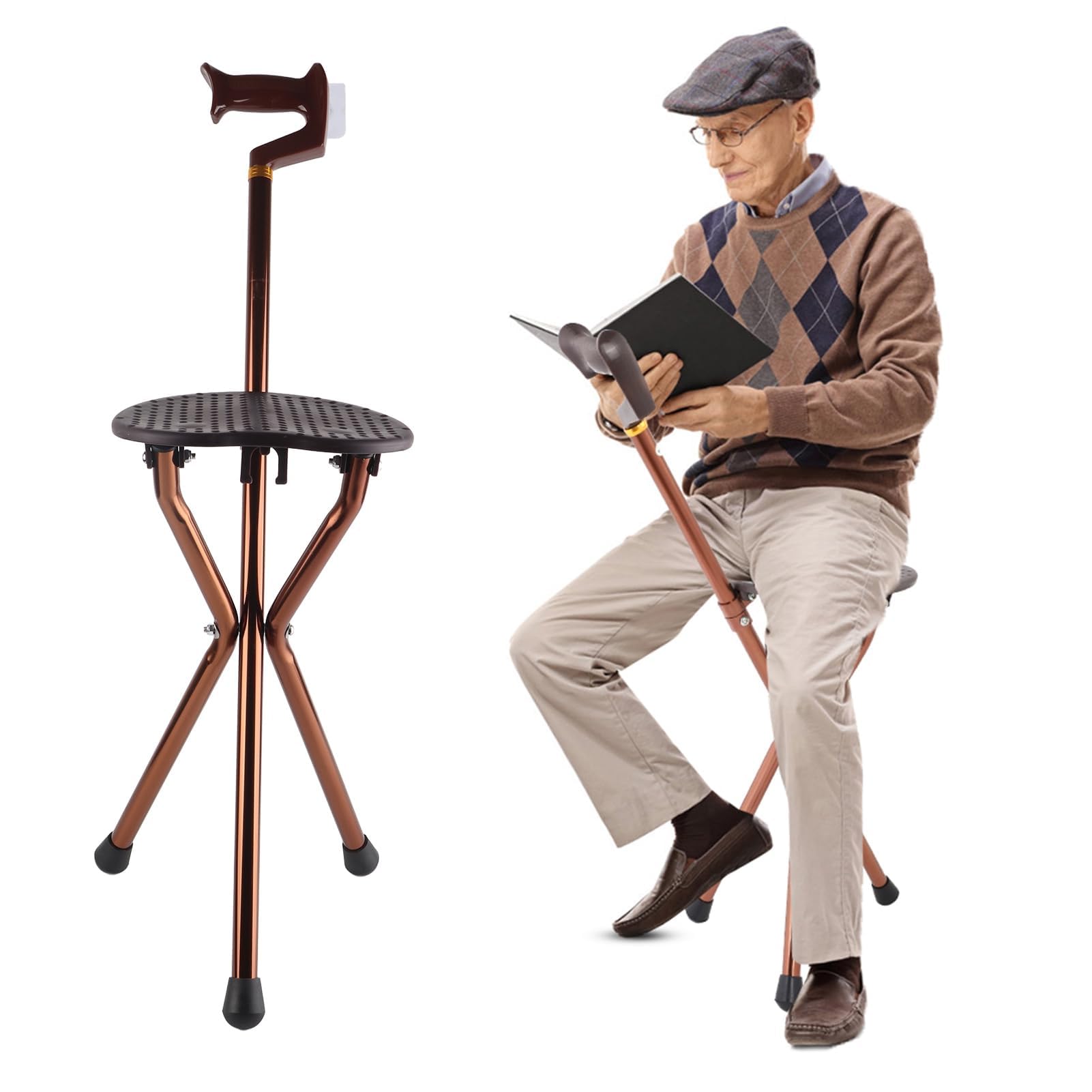 Silla De Bastón Plegable Portátil con Cojín De Masaje Aleación De Aluminio Baston con Silla Plegable para Ancianos,Taburete De Caña De Metal para Actividades Al Aire Libre, Campamentos