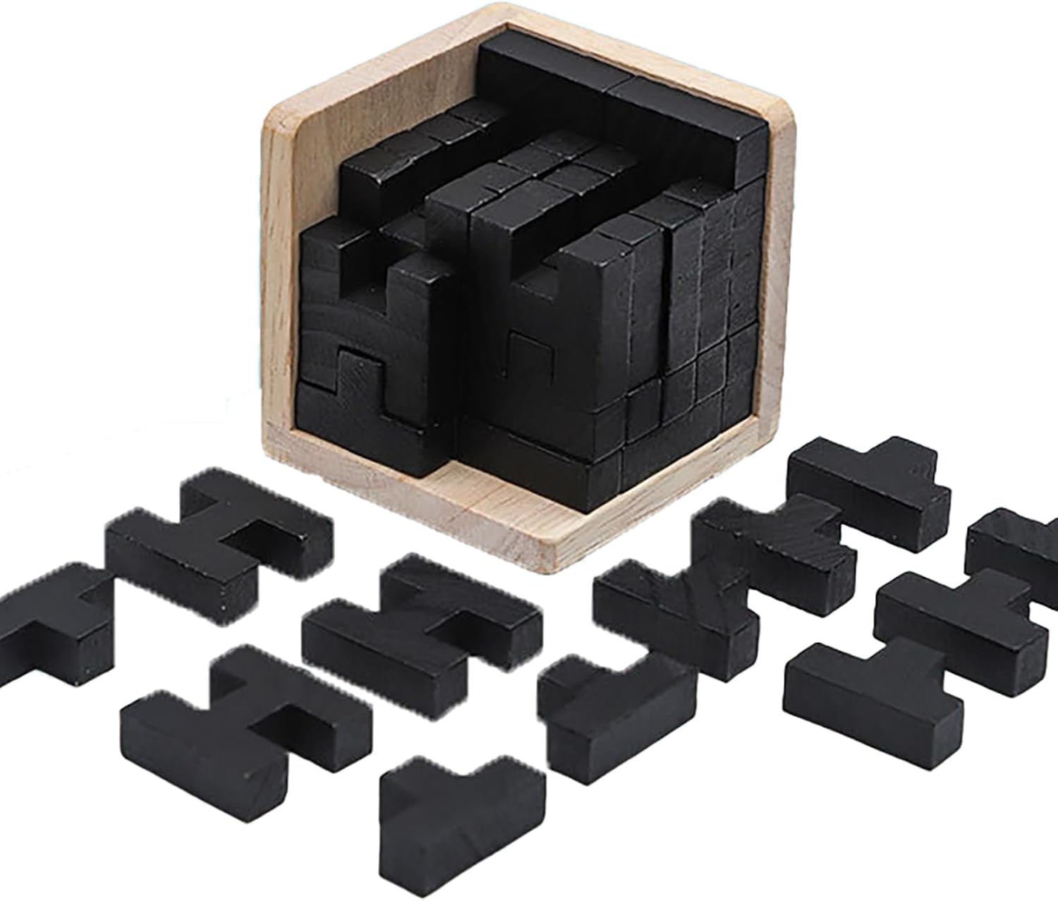 Wooden Brain Teaser Puzzle Skills Builder Shape Pieces Educational Toy for Kids and Adults (Black T and H Shape)