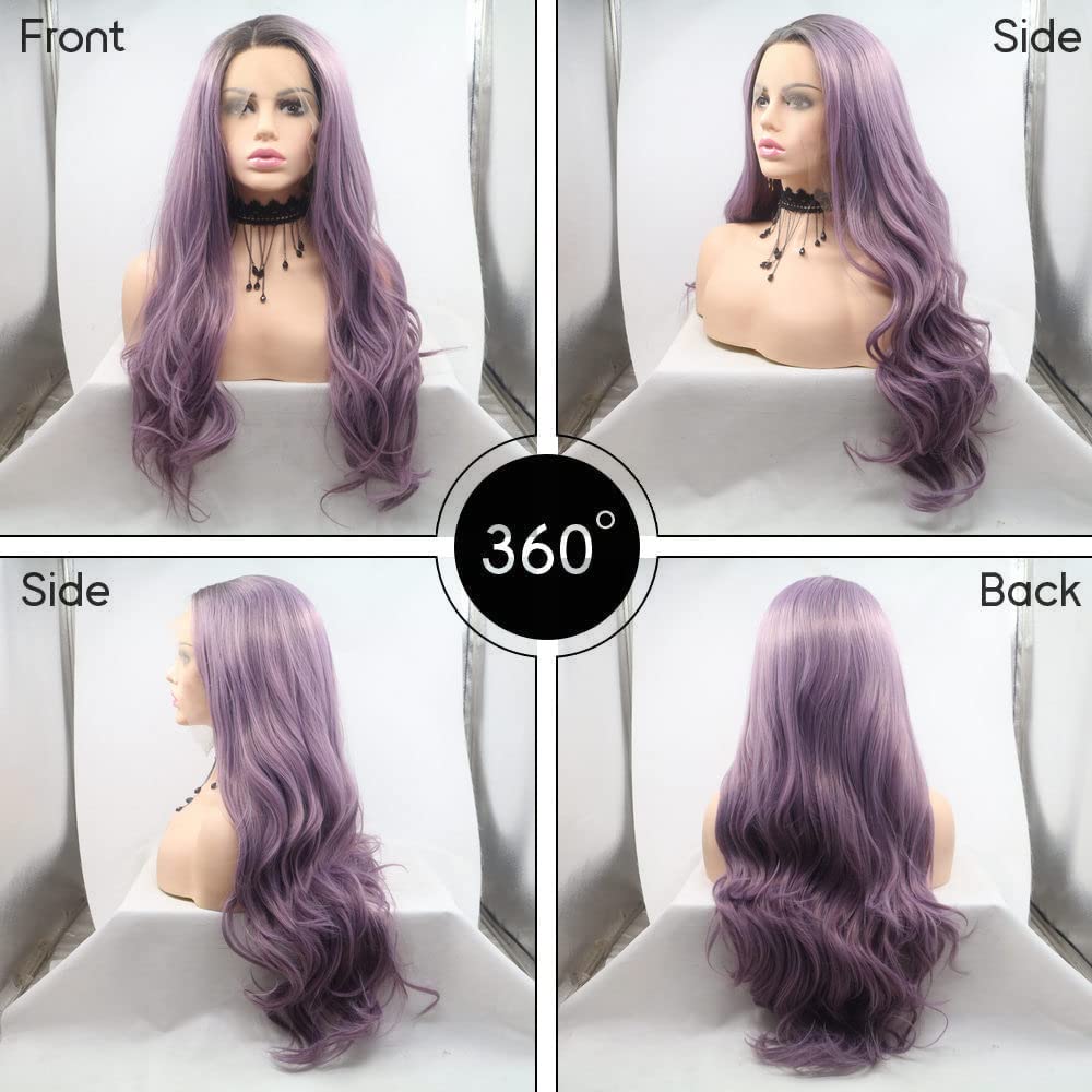 24" Ombre Purple Wigs Long Wavy Synthetic Lace Front Wigs for Women Dark Root to Violet Purple 2 Tones Middle Part Natural Looking Synthetic Heat Resistant Fiber Wig for Daily Party Use