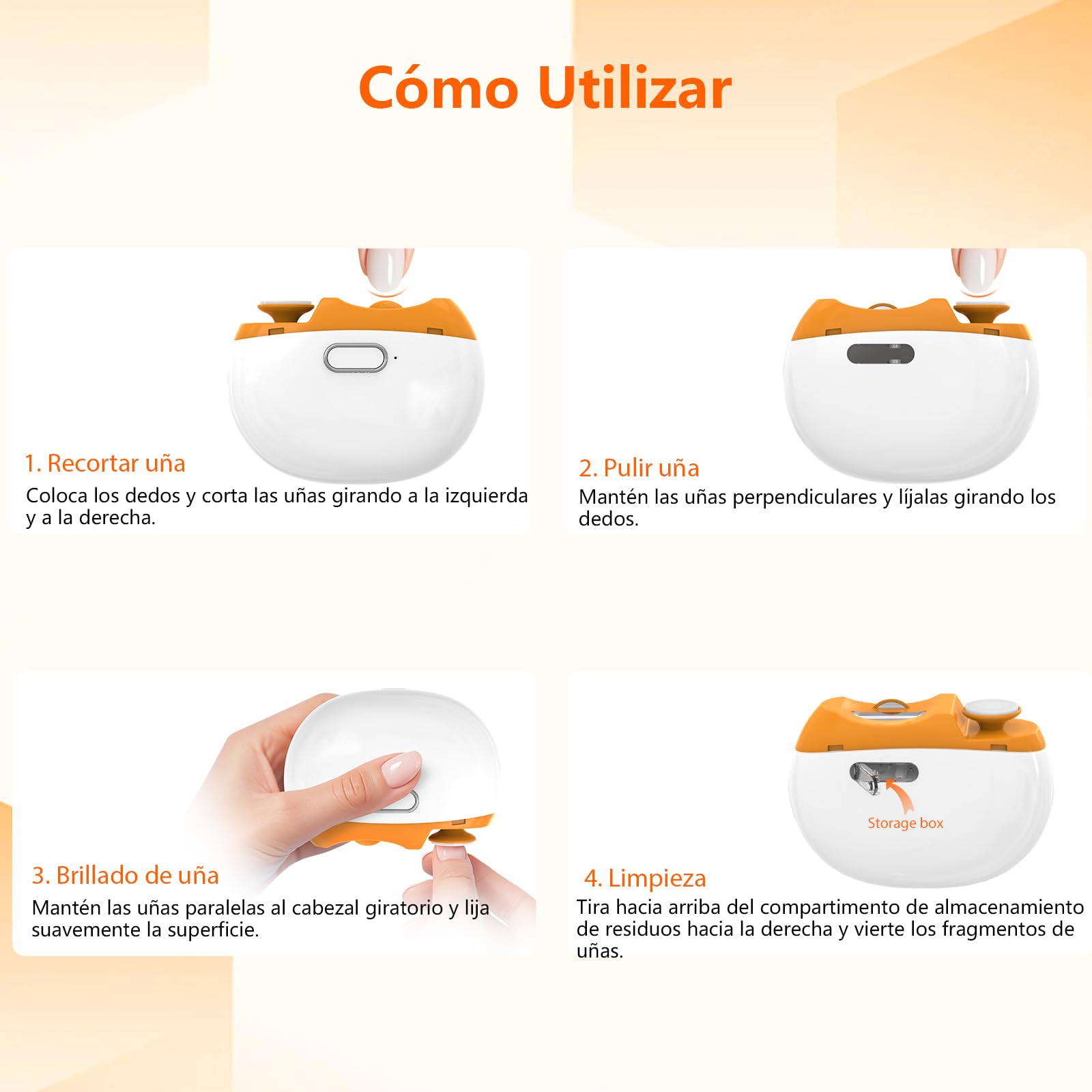 Cortauñas Eléctrico, 2 en 1 Cortauñas con Luz LED y almacenamiento de restos de uñas, 2 velocidades Cortaúñas Automático y Pulidor, Recargable Ruido bajo, para bebés, adultos y ancianos - Orange — view 2