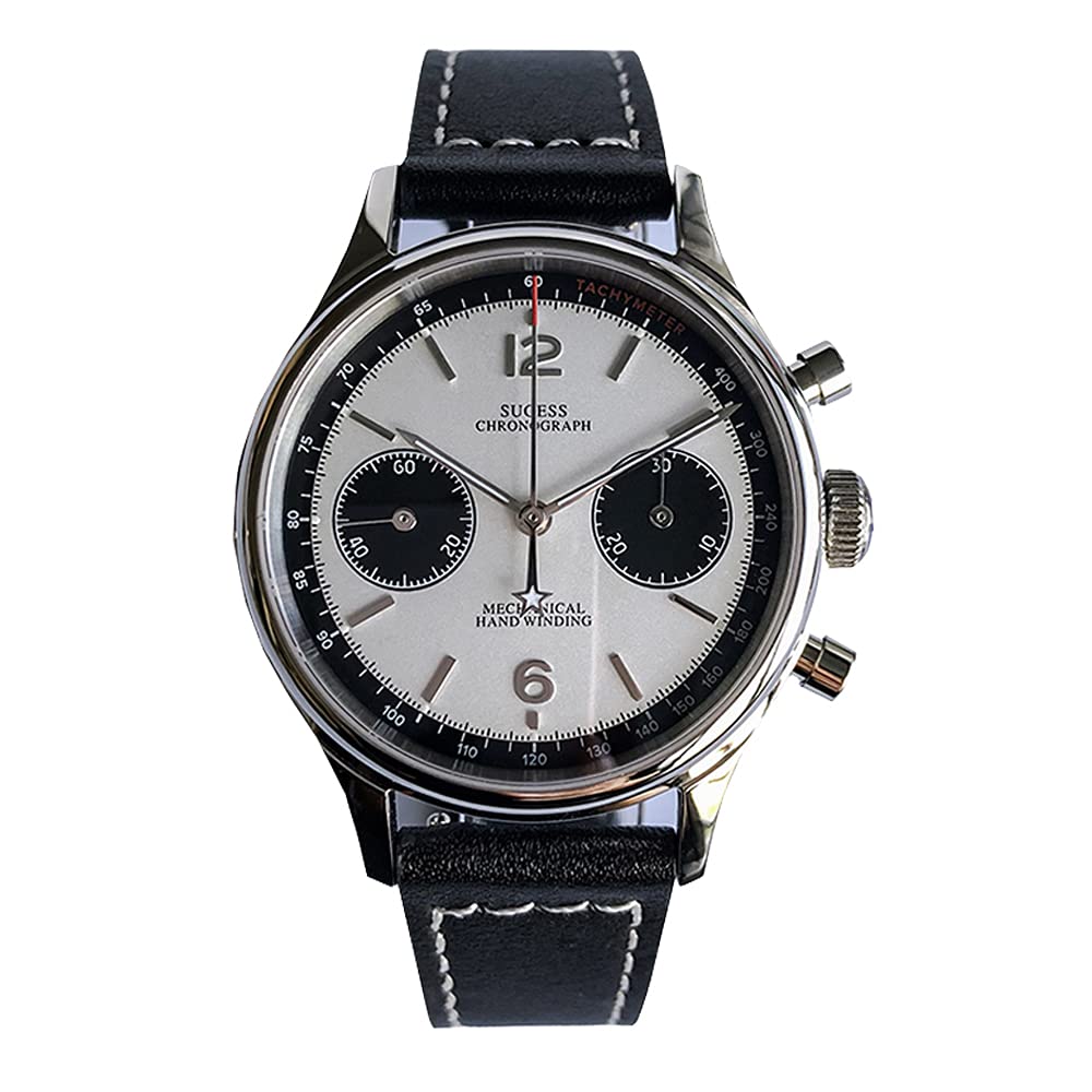 Sugess Orologio Meccanico Uomo Cronografo ST1901 Movimento Orologi da Polso Impermeabile Zaffiro Lancette Luminose (38mm Bianco + Gooseneck)