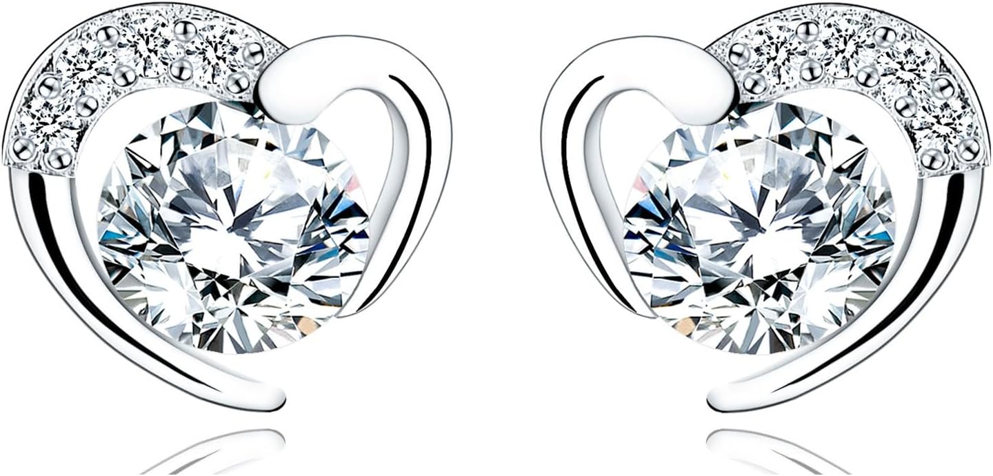 JEWABStuds Earrings for Women, Silver Stud Earrings for Girls, Heart Shaped White Gold Stud Earrings with Shiny Cubic Zirconia│Dainty Silver Earrings Jewellery Gifts for Birthday Christmas