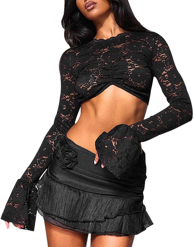 Women's Black Floral Lace Mesh See Through Crop Top Sexy Sheer Long Sleeve Top Blouses Cut Shirt