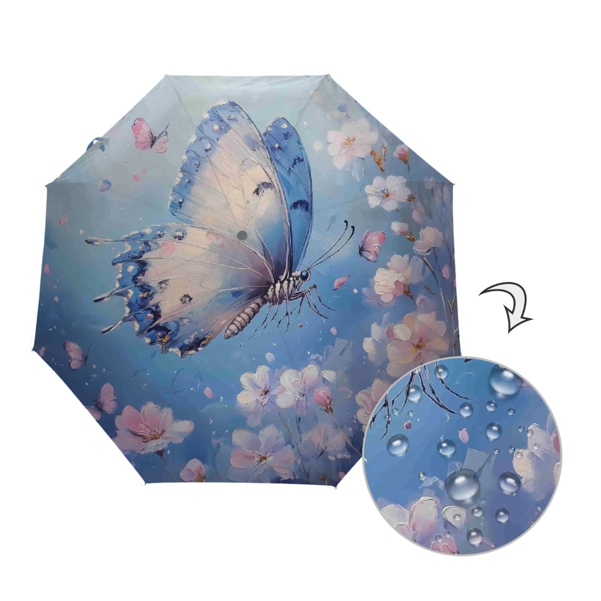 Ombrello da viaggio pieghevole con disegno a olio e farfalla blu, ombrello da viaggio, compatto, antivento, impermeabile, con protezione UV, rivestimento nero, leggero, 8 costine, portatile