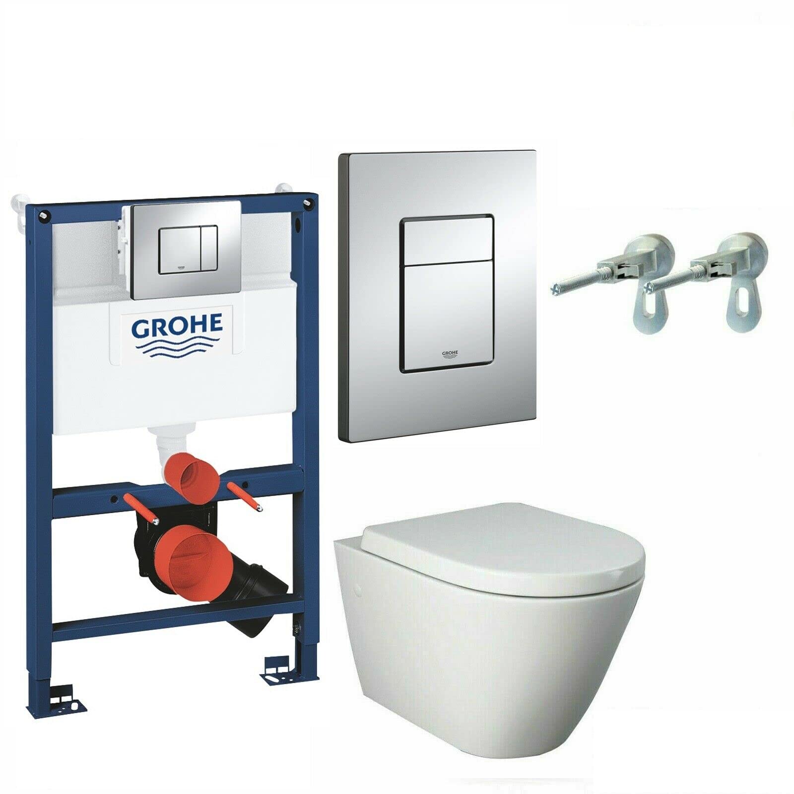 AnasGrohe 0.82m Concealed Cistern Wc Frame 38773000 with RAK Resort Wall Hung Toilet Pan and Soft Close Seat