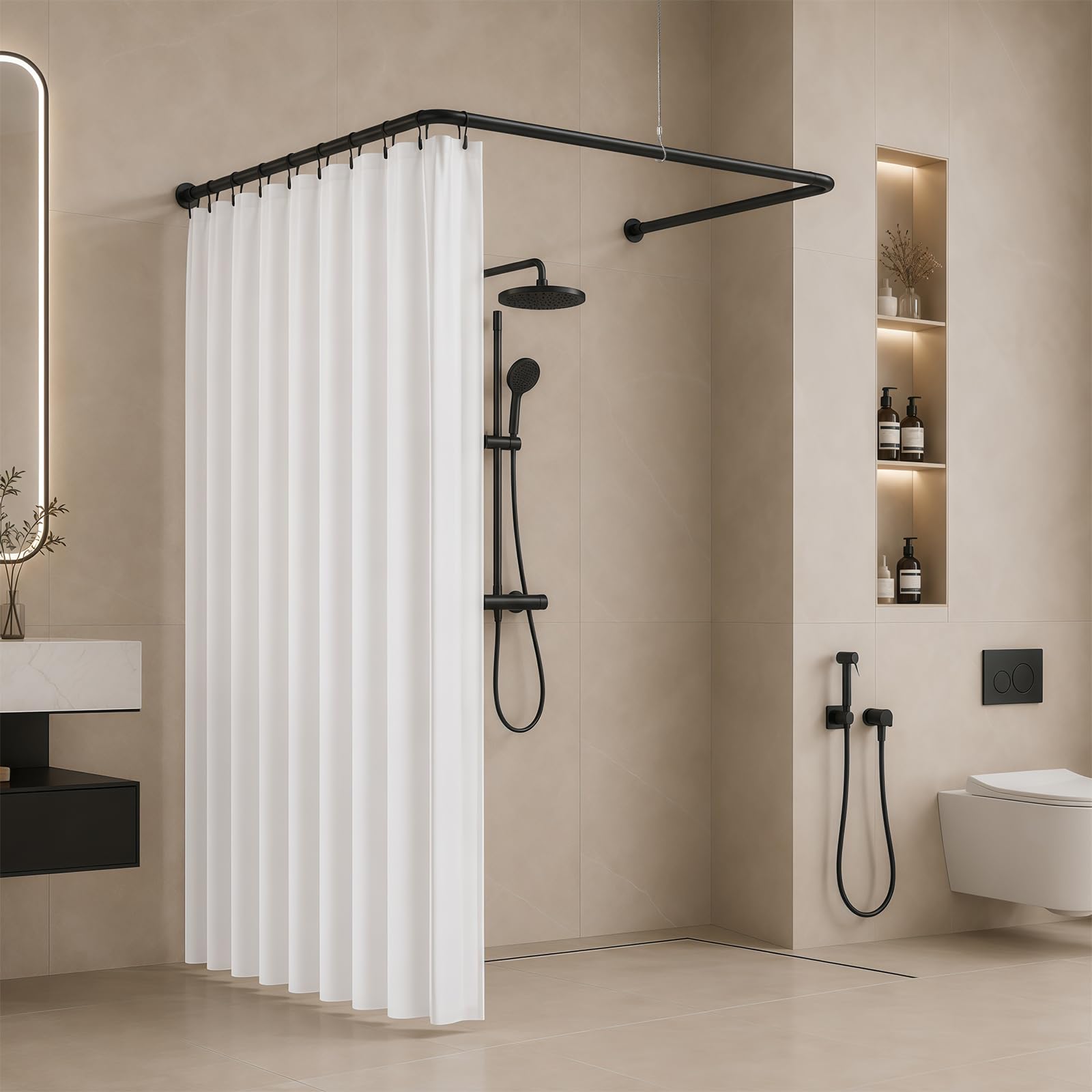 Duschvorhangstange U Form & L Form Verstellbare Duschstange Edelstahl Eckstange mit Vorhangringen und Deckenstütze für Badewanne Dusche (Schwarz TypA)