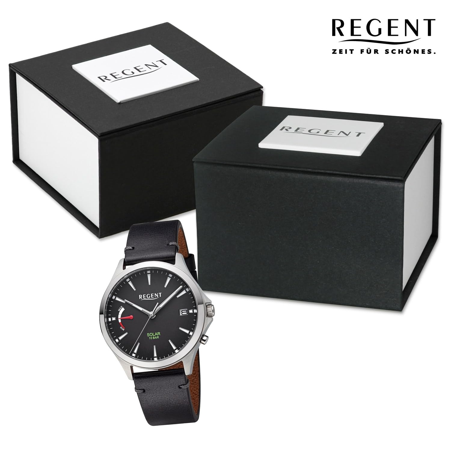 REGENT Herrenuhr Solaruhr mit Lederarmband 41 mm Quarz Analog Schwarz F-1550