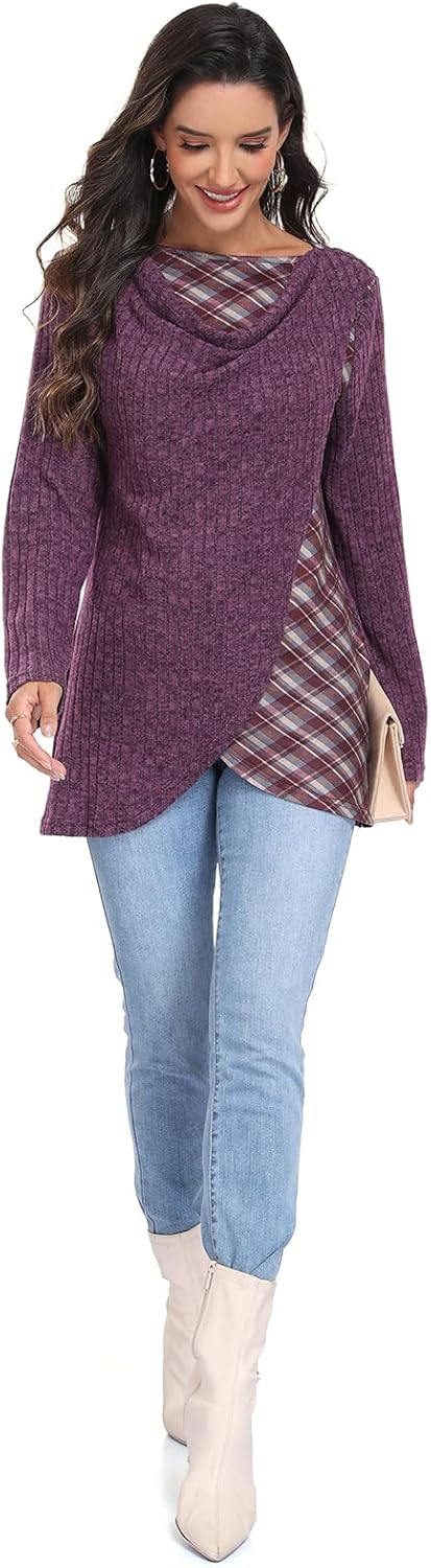 Miusey Women's Cowl Neck Tunic Sweater Long Sleeve Knit Pullover with Plaid Patchwork for Fall Winter Casual & Christmas Wear - Image 6