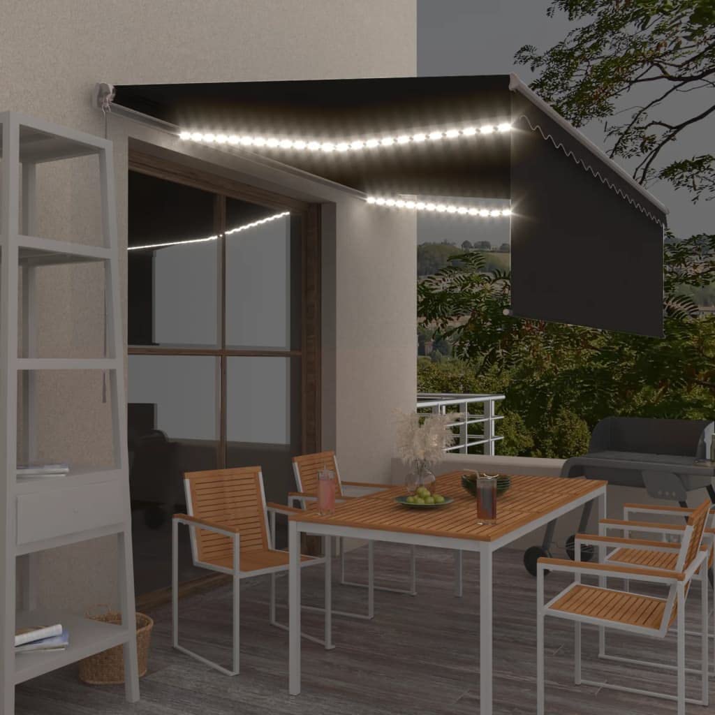 Toldo retráctil manual con estor e iluminación LED solar, 4 x 3 m, color antracita, tejido de poliéster resistente a los rayos UV, marco de aluminio ajustable para