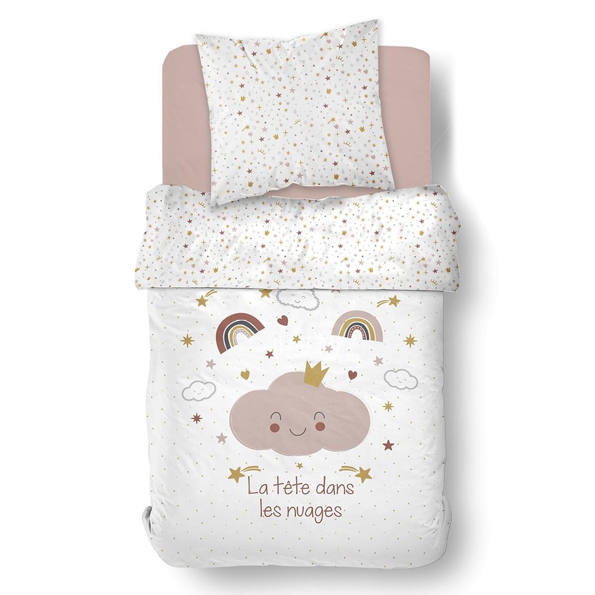Parure de lit enfant nuages 140x200 en pur coton blanc doux et résistant