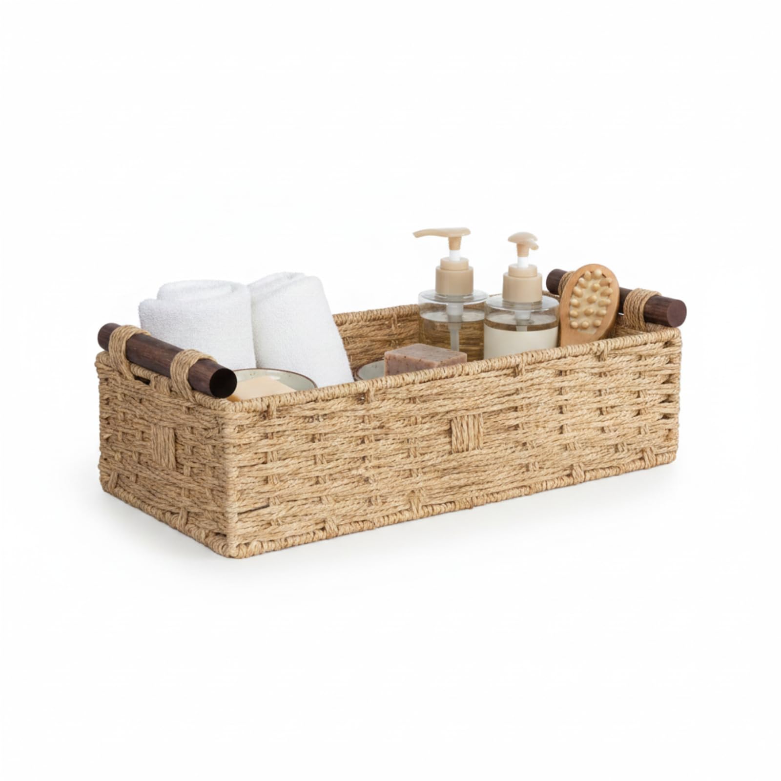 Punorric Natural Beige Toilet Paper Basket, Wicker Bathroom Storage Basket with Handle, Large Capacity Toilet Roll Storage Tray for Space Saving, Multi-Functional Bathroom Decor