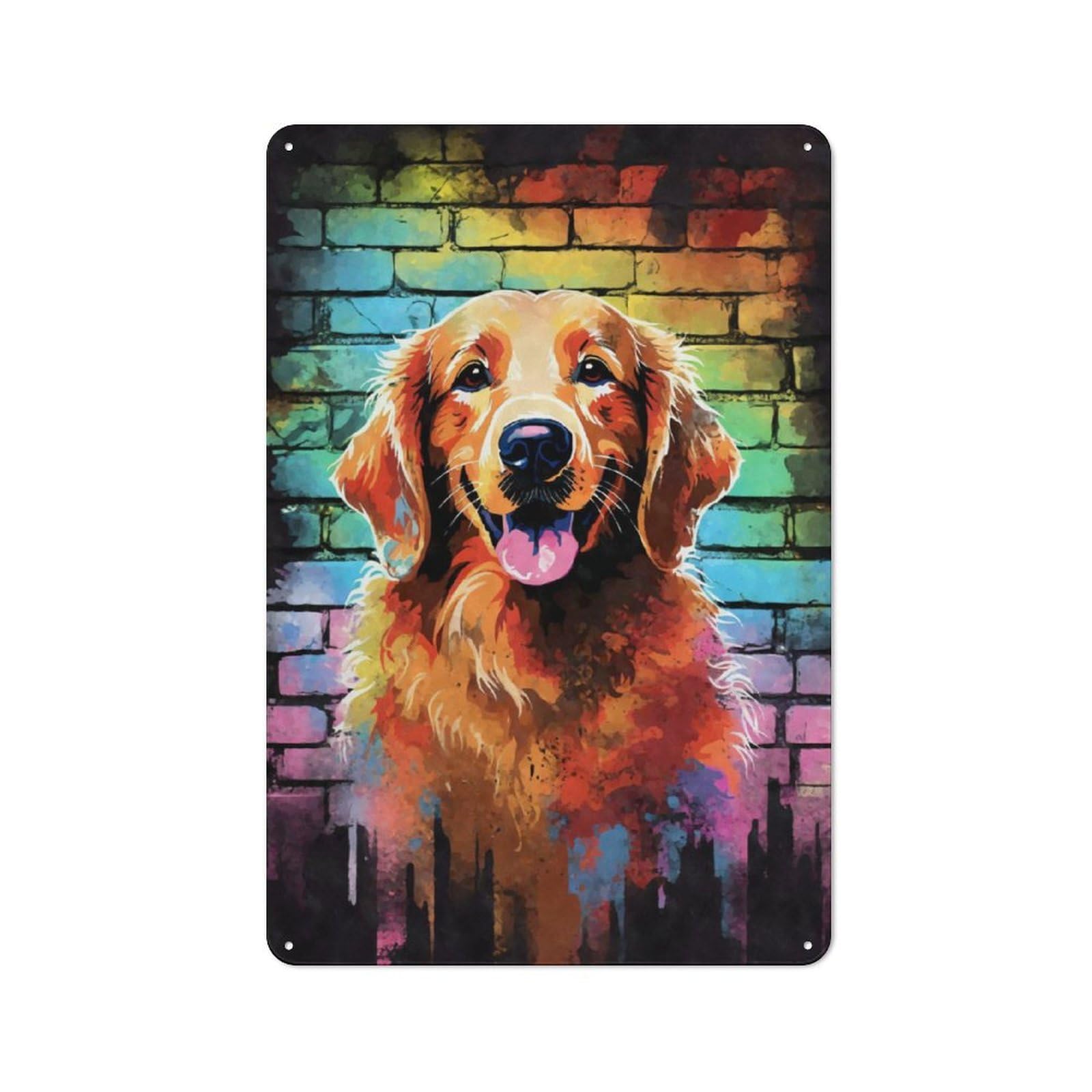Junmoney Golden Retriever Graffiti Rustic Metal Sign 30X20cm For Hallway Wall, For Collectors Of Rustic Metal Wall Decor