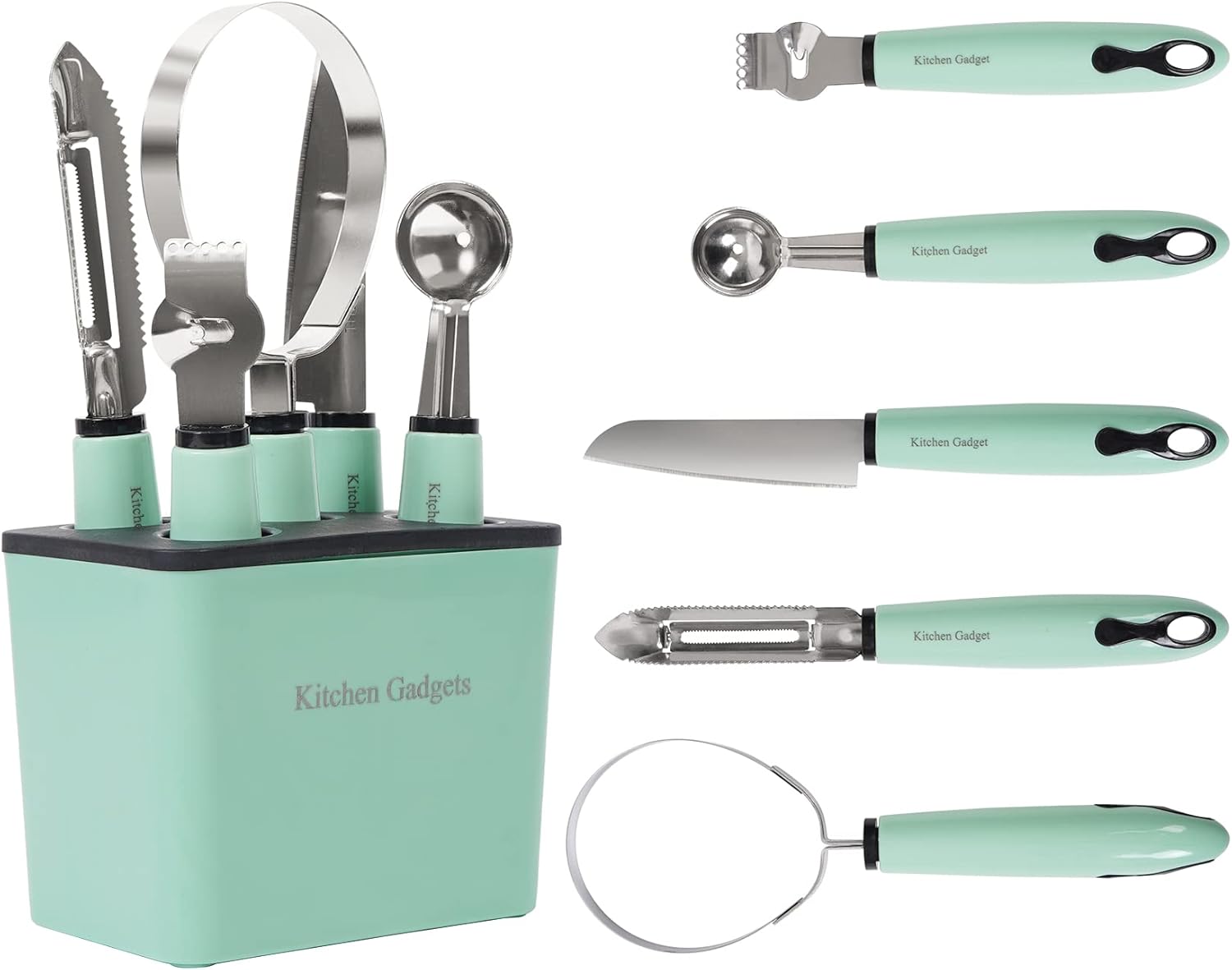 Fruit Gadget Set 5 Pcs, Multi-functional Tools with Storage Holder, Stainless Steel Melon Dig Scoop, Peeler, Pule Separator for DIY Fruits Platter, Ice Cream Ball