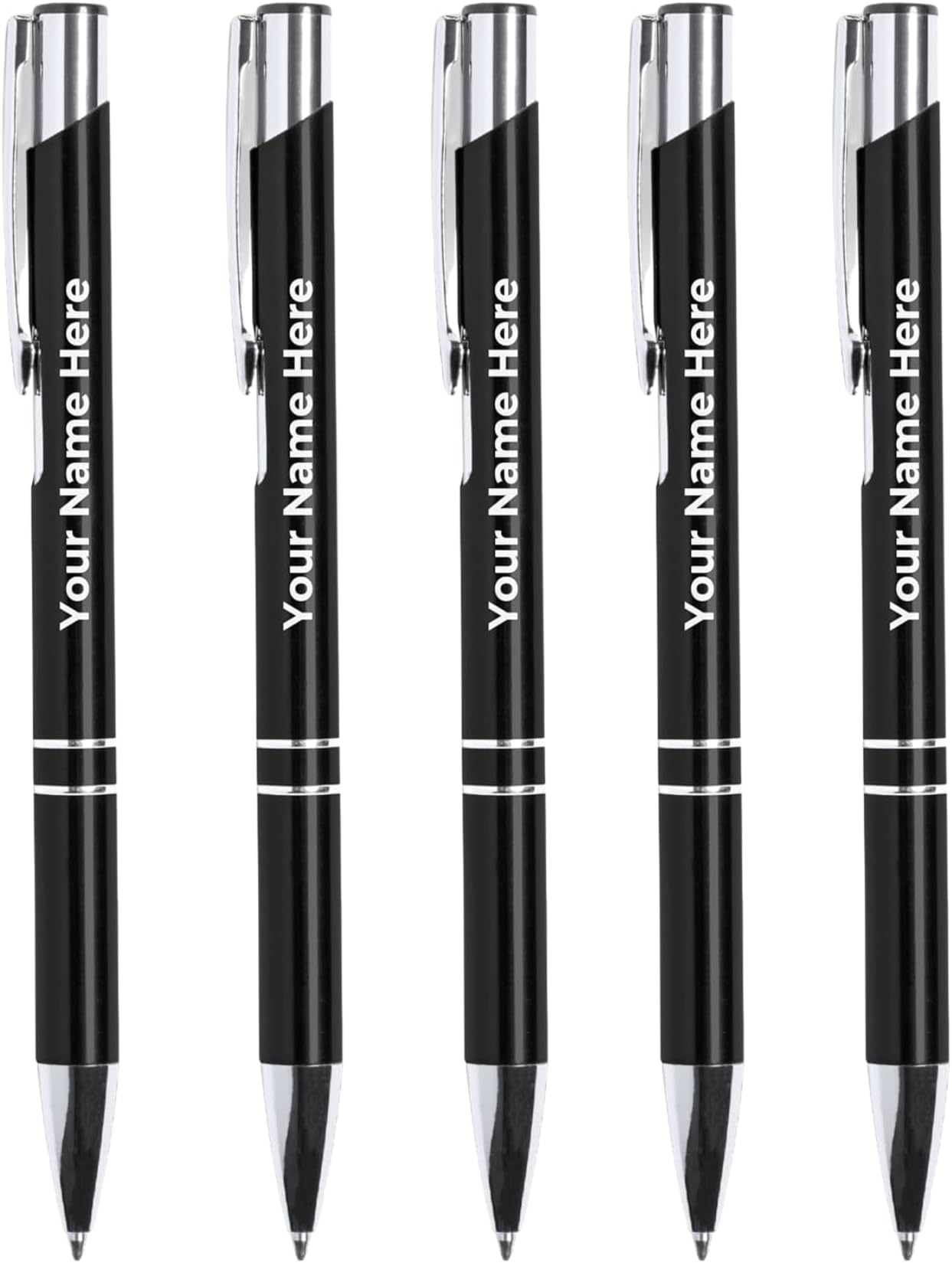 Personalized Black Metal Ballpoint Pen with Custom Name Engraving | Blue Ink Refillable Writing Pen with Clip | Premium Customized Pen for Corporate Gifts, Office, Business & Personal Use (Pack Of 5)