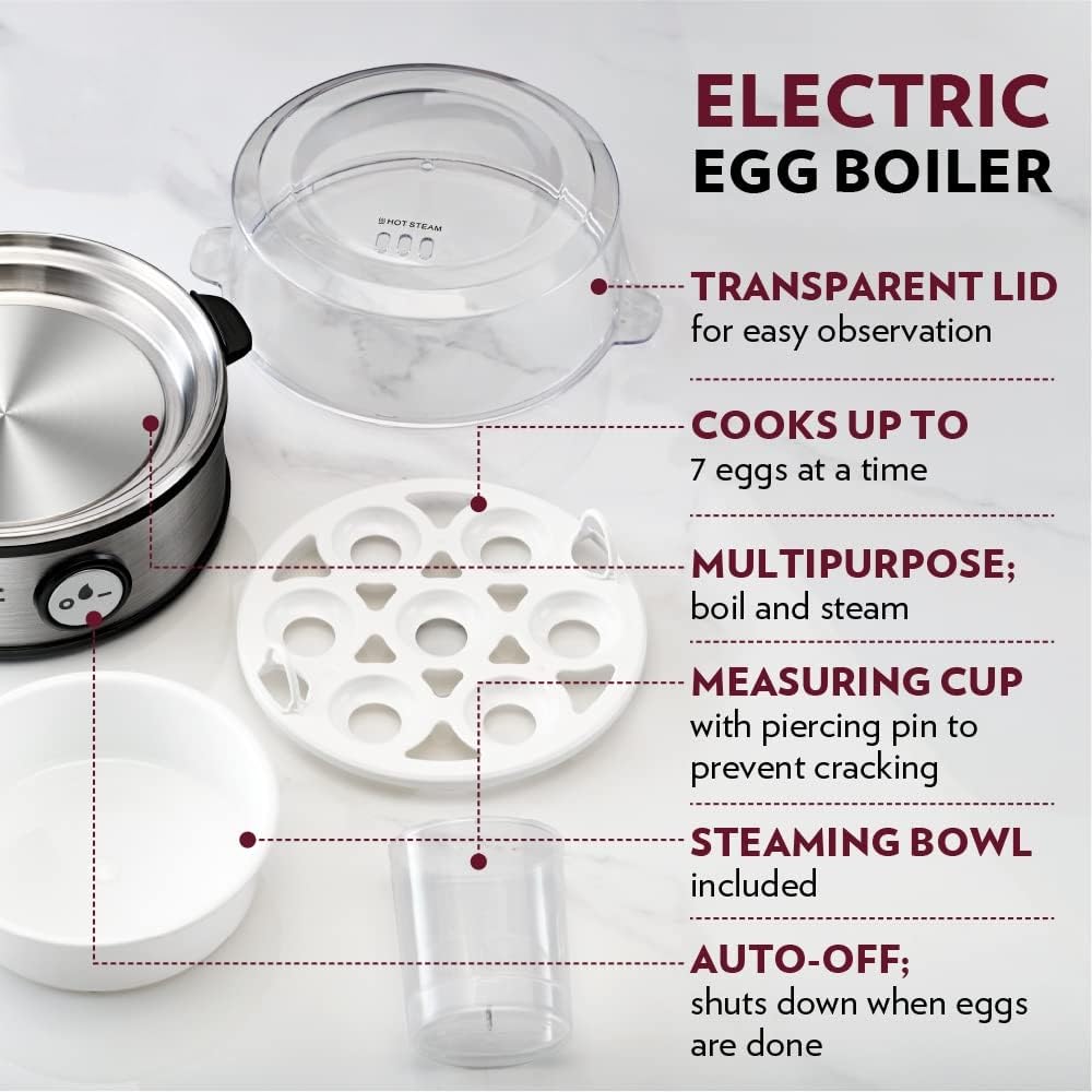 Elina Smart Stainless Steel Egg Boiler | Boil up to 7 Eggs - 360 Watts | 3 Boiling levels: Soft, Middle and Hard | Automatic, Overheat Protection | Easy to clean | 1Year Warranty