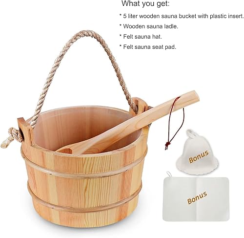 Miniatura 3 de Cubo de sauna con cucharón hecho a mano cubo de sauna de madera para sauna accesorio de spa - Cubo de sauna de 5 litros (1.3 galones) con sombrero